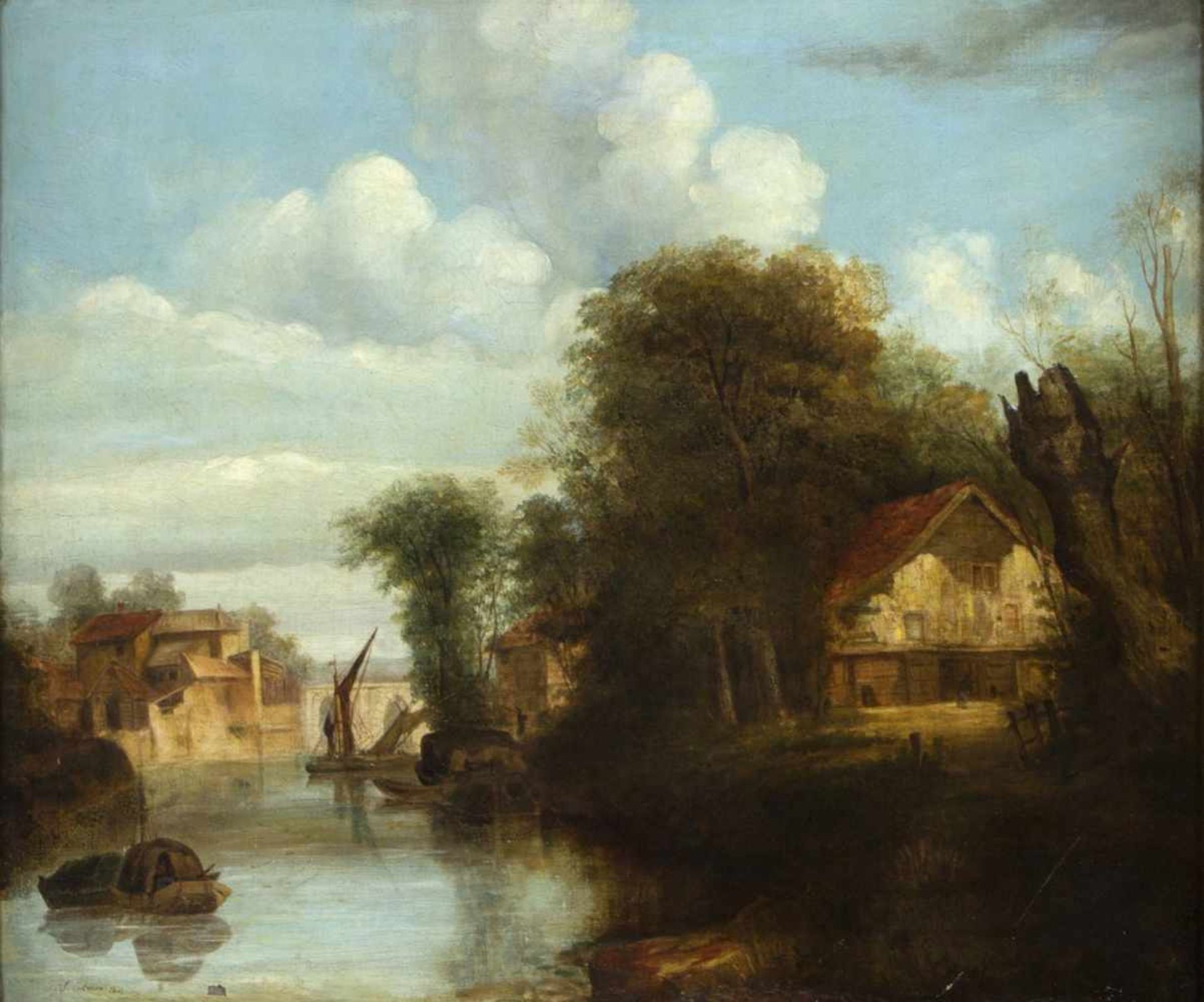 Cotman, John Sell. 1782 Norwich - London 1842Dorf an einem Fluss. Öl/Lwd. Sign. und dat. 1823. 63,