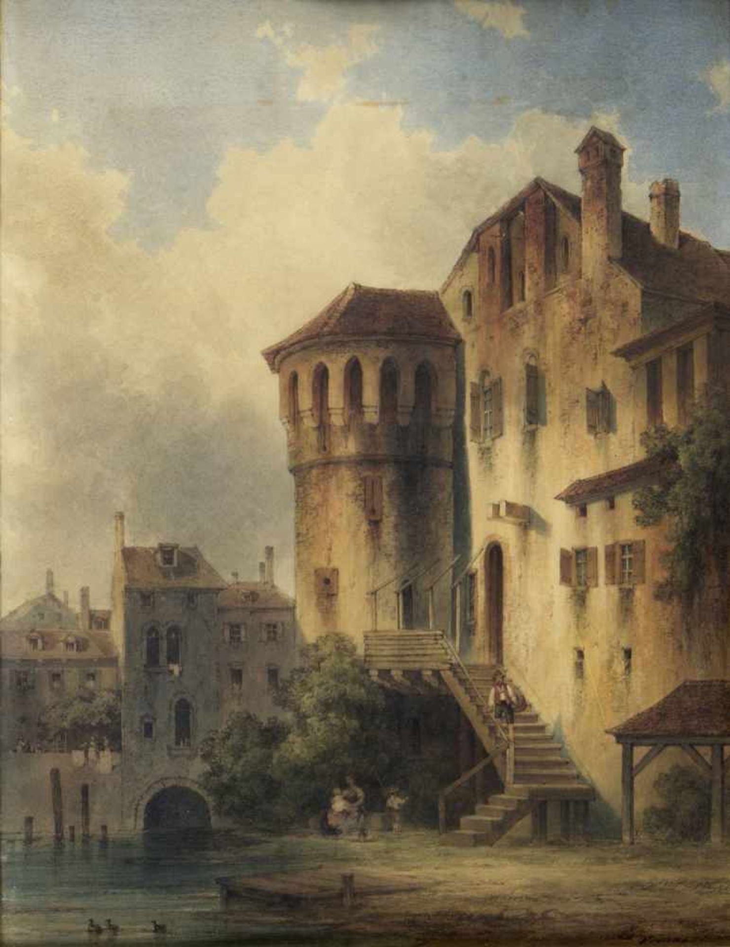 Verhas, Theodor. 1811 Schwetzingen - Heidelberg 1872Sommerlicher Tag am Stadtgraben. Aquarell und