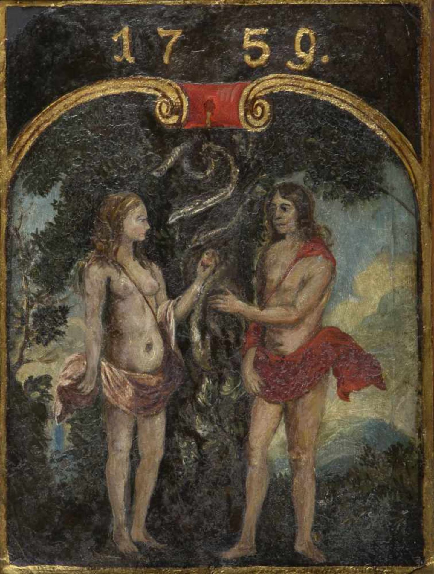 Unbekannt, 18. Jh.Adam und Eva. Öl/Blech, auf Holz montiert. Dat. 1759. 33 x 24 cm.- - -27.00 %