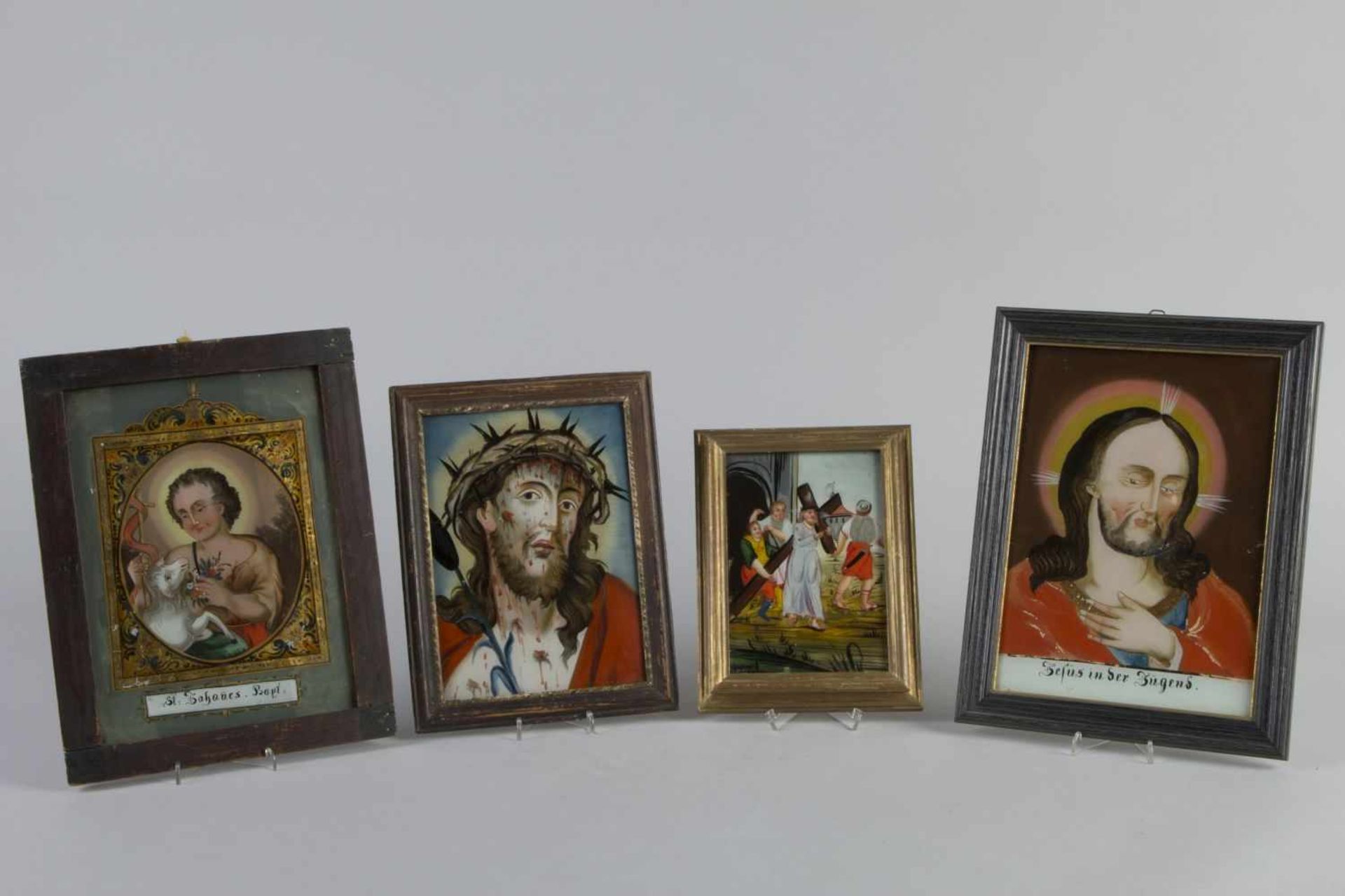 Sieben HinterglasbilderTempera auf Glas. Versch. Darstellungen u.a. Johannes der Täufer, Jesus in