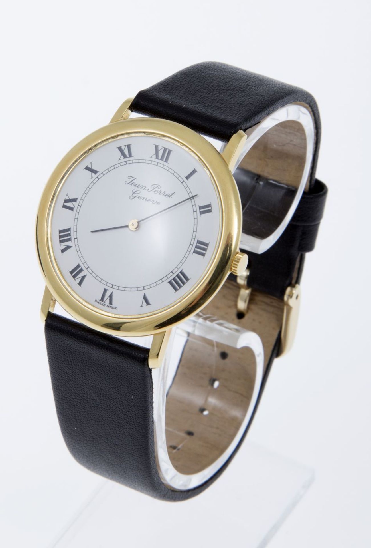 Elegante Armbanduhr von Jean PerretFlaches rundes Gehäuse aus Gelbgold 750. Weißes Zifferblatt mit - Bild 2 aus 4