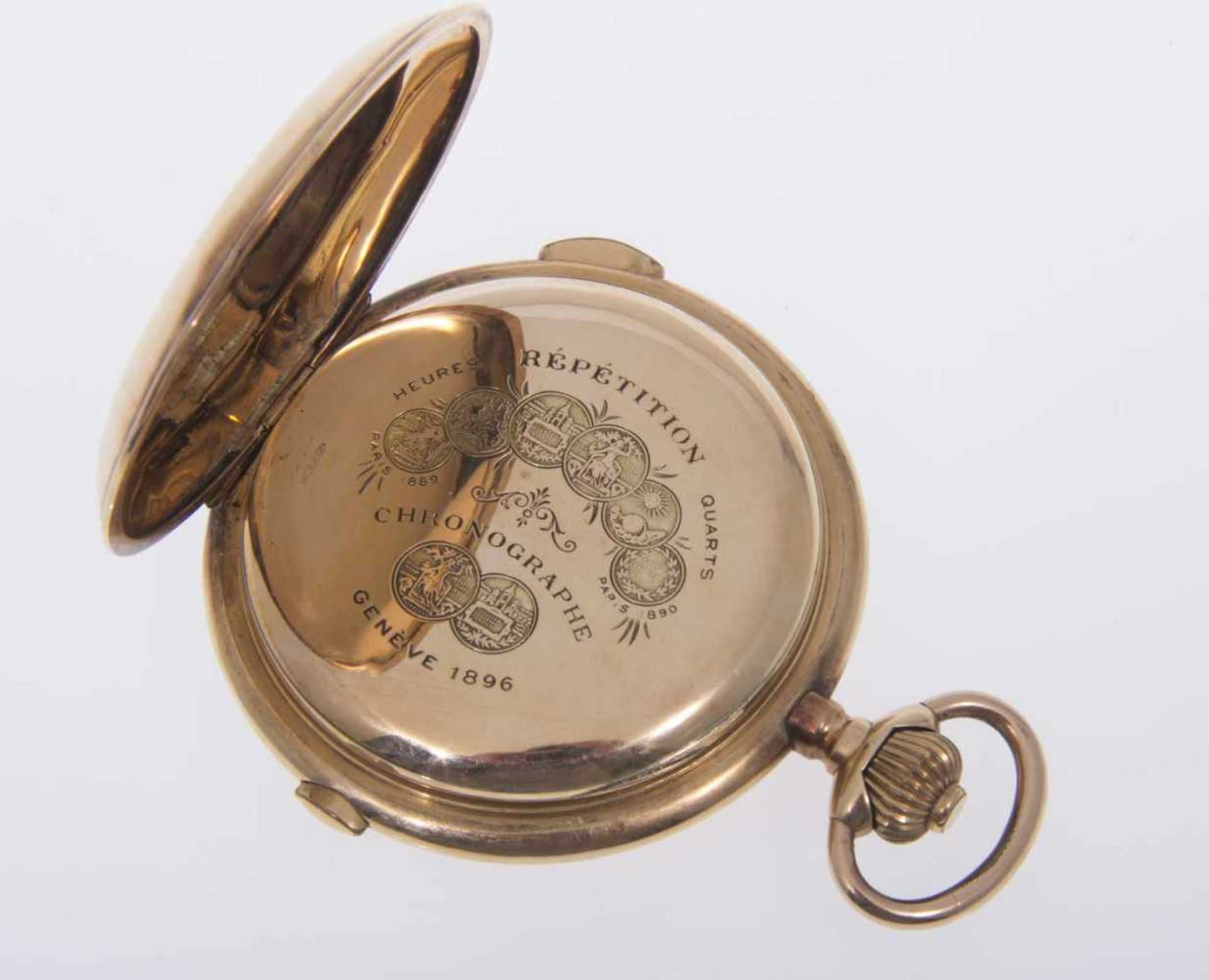 Große Taschenuhr mit Viertelrepetition und ChronographGehäuse und Cuvette aus Gelbgold 585. - Bild 2 aus 3