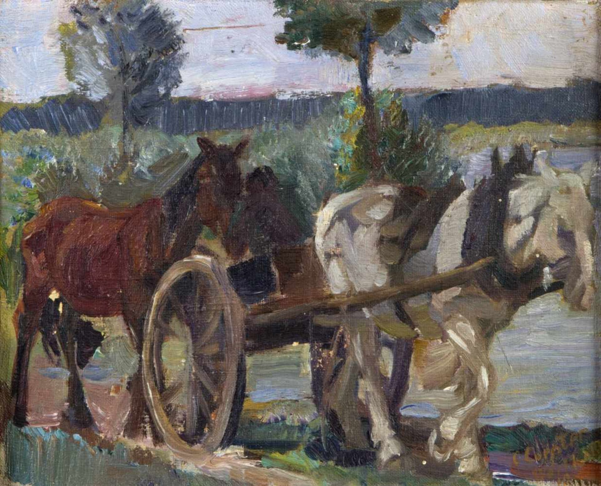 Coester, C. Herrmann, A.Pferde mit einem Ackergerät. Ein Mann stopft seine Pfeife. Öl/Holz. Sign., - Bild 5 aus 7