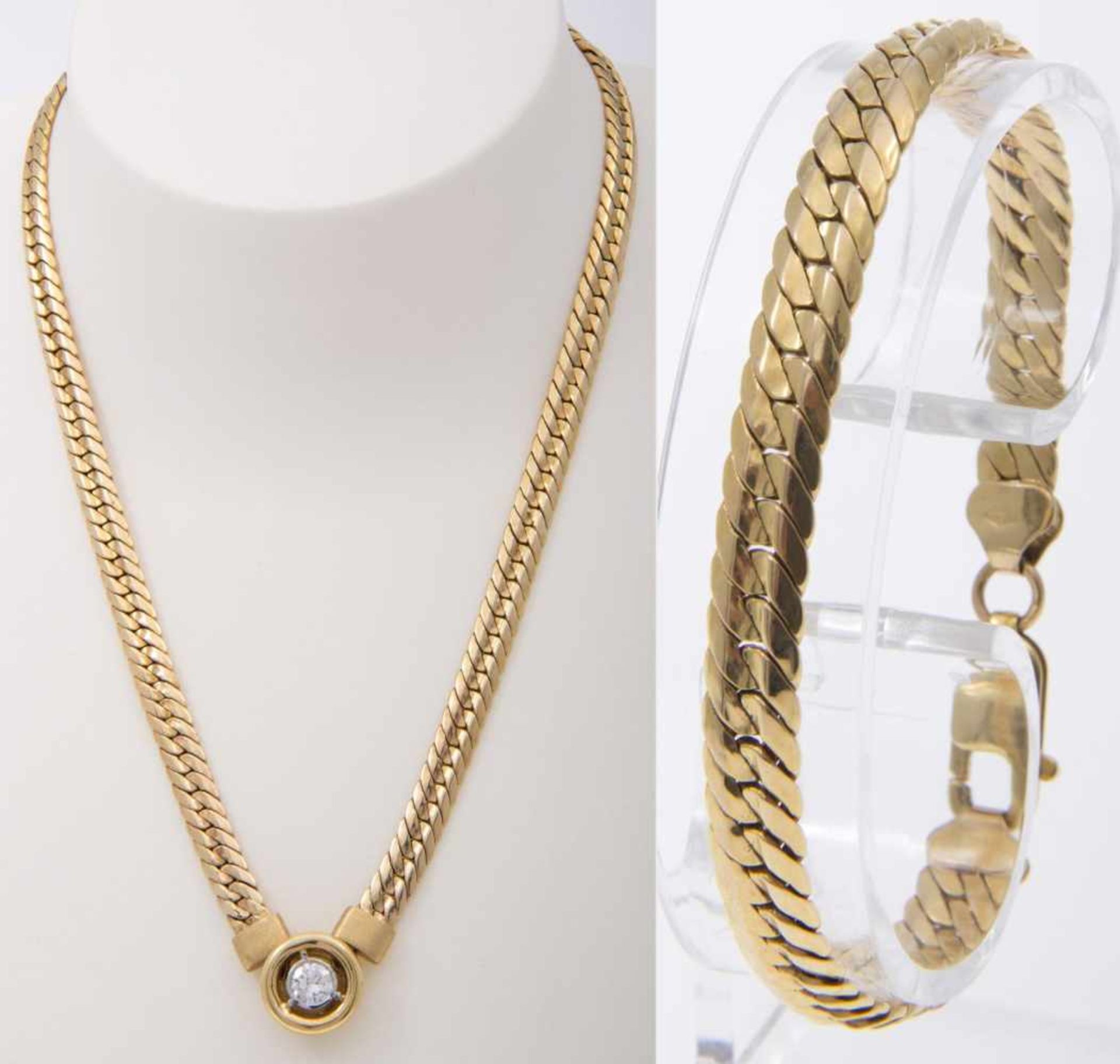 Klassisches Solitär-Brillant-Collier mit ArmbandGelbgold 585. Flachpanzerketten mit