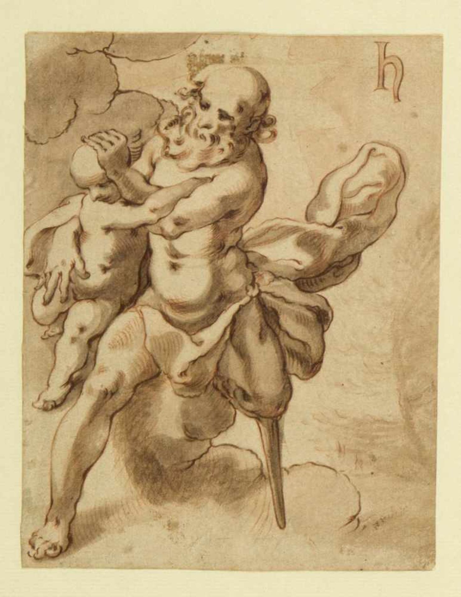 Monogrammist H.Mythologische Szene eines alten Mannes mit einem Kind. Tusch- und Rötelzeichn. 18 x