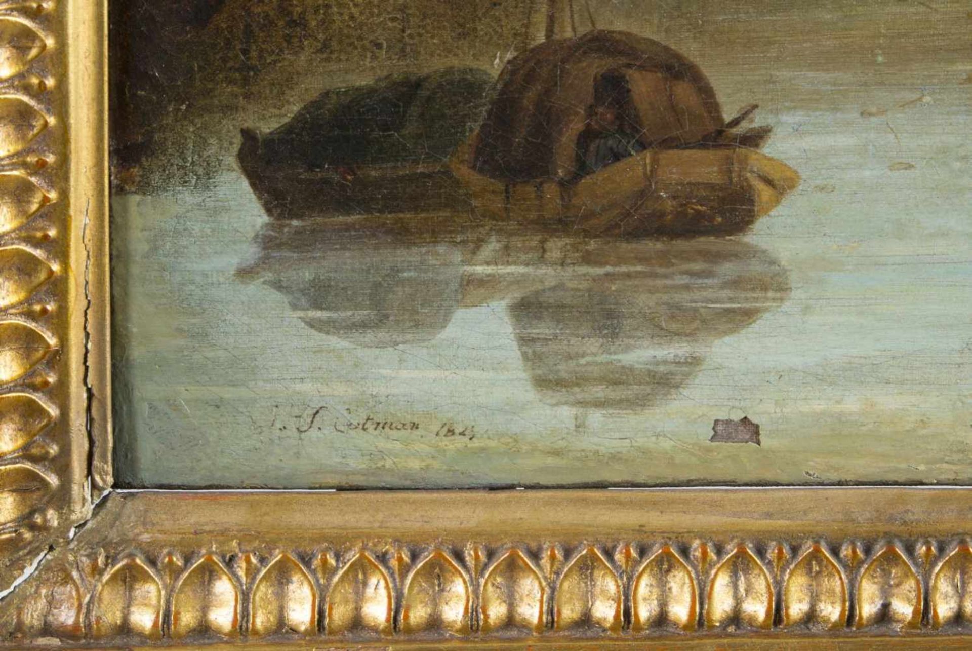 Cotman, John Sell. 1782 Norwich - London 1842Dorf an einem Fluss. Öl/Lwd. Sign. und dat. 1823. 63, - Bild 2 aus 3
