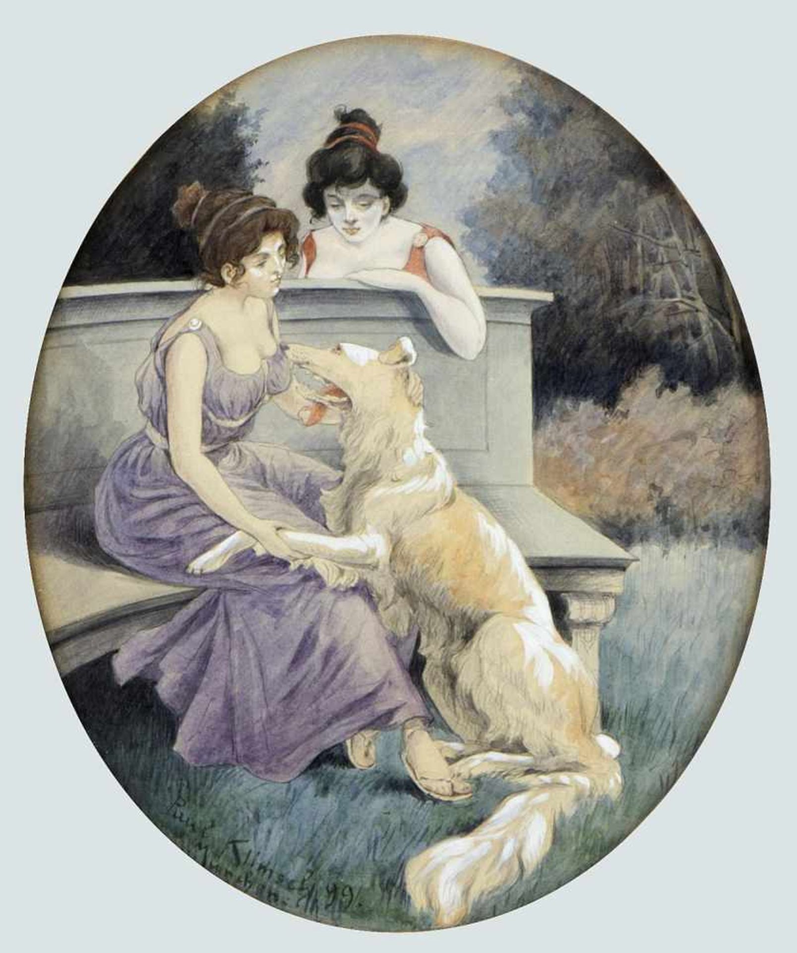 Klimsch, Paul. 1868 - Frankfurt - 1917Herren und Damen im Gespräch. Frauen mit einem Hund. 2 - Bild 3 aus 3