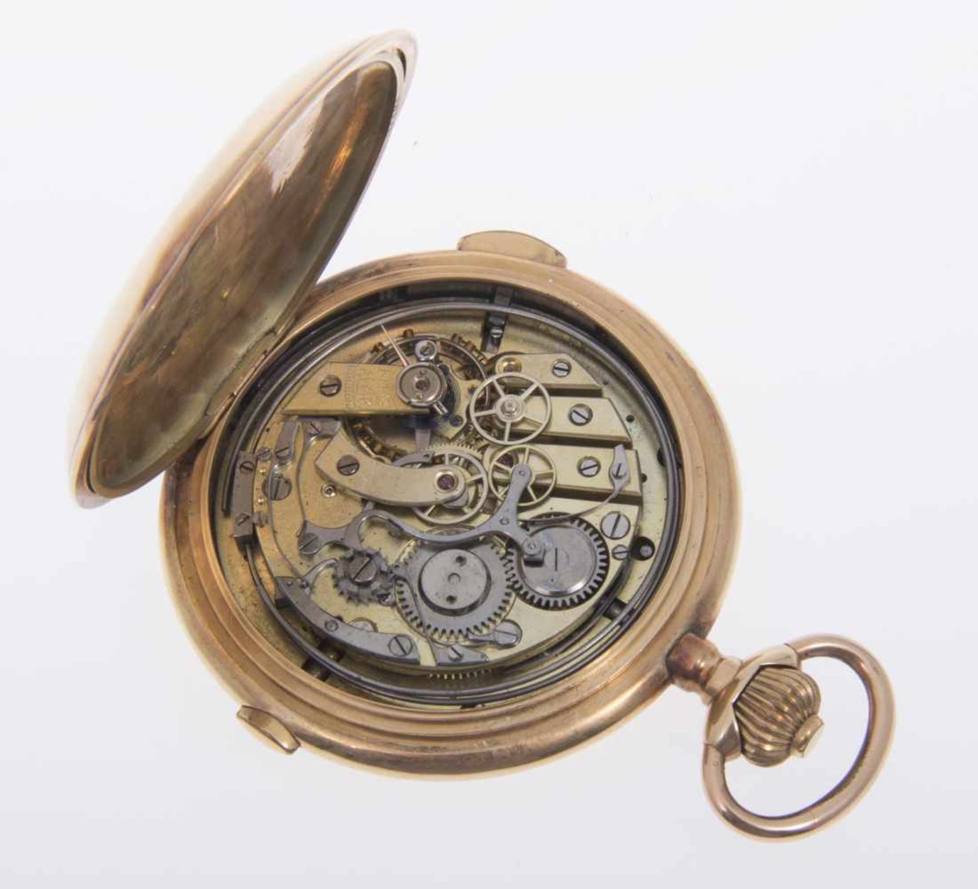 Große Taschenuhr mit Viertelrepetition und ChronographGehäuse und Cuvette aus Gelbgold 585. - Bild 3 aus 3