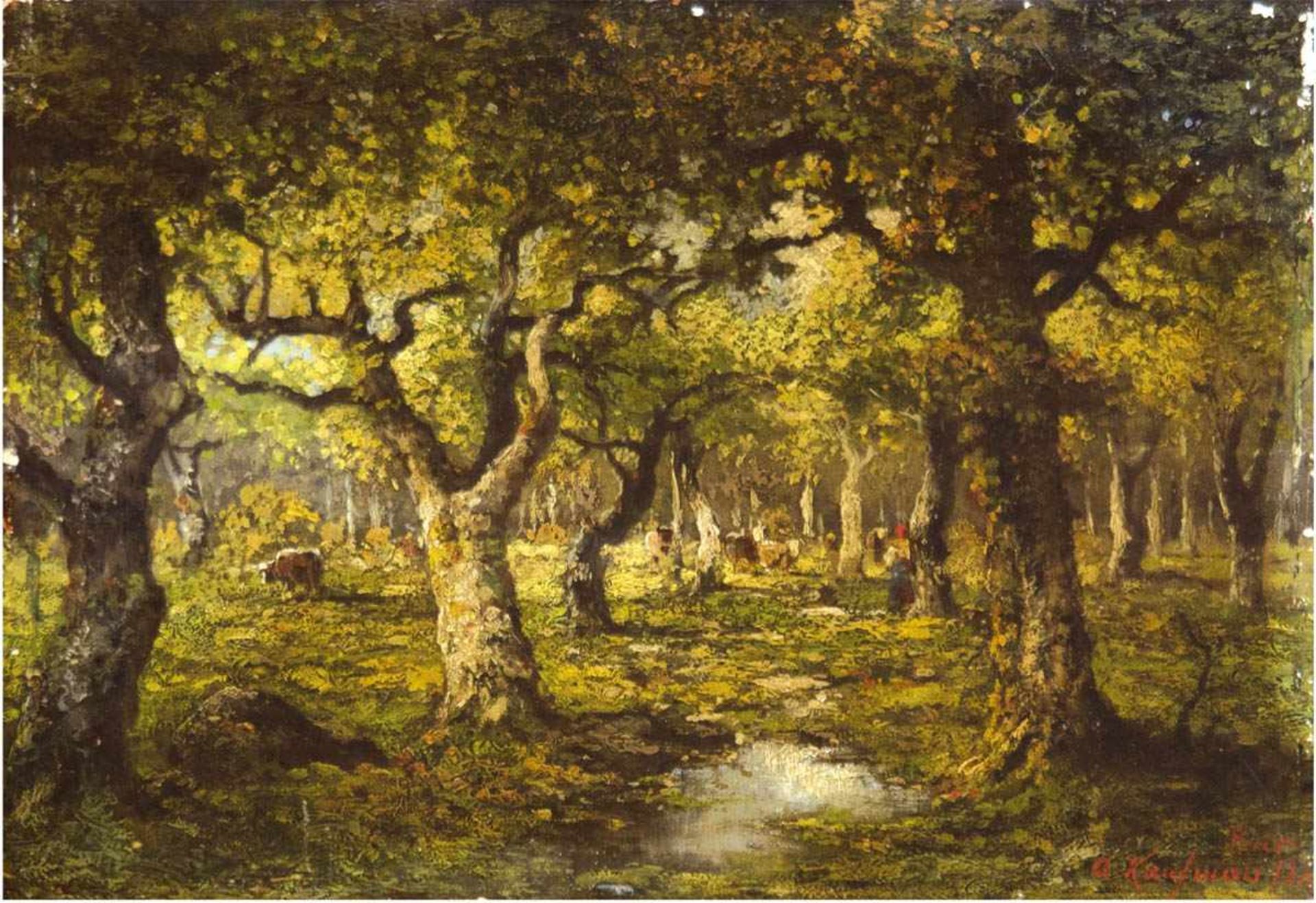Kaufmann, Adolf (1848-1916) "Kuhherde mit Hirtin im Wald", Öl/Hp., sign. u. dat. "Paris1886" u.r.,