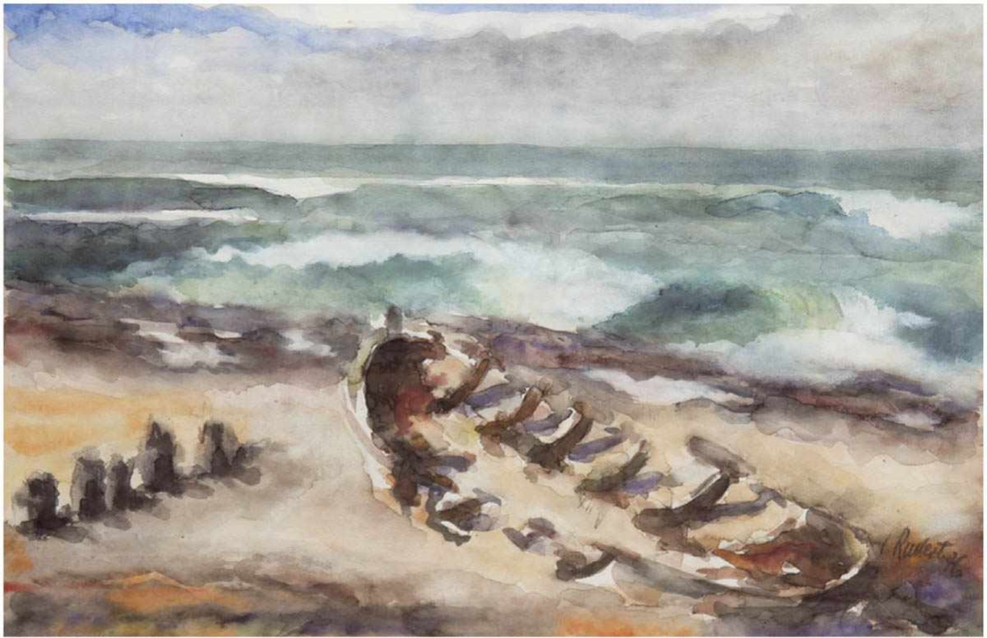 Rudert, Fritz (1899-?) "Bootswrack am Strand", Aquarell, sign. und dat. '76 u.r., 41x61cm, hinter
