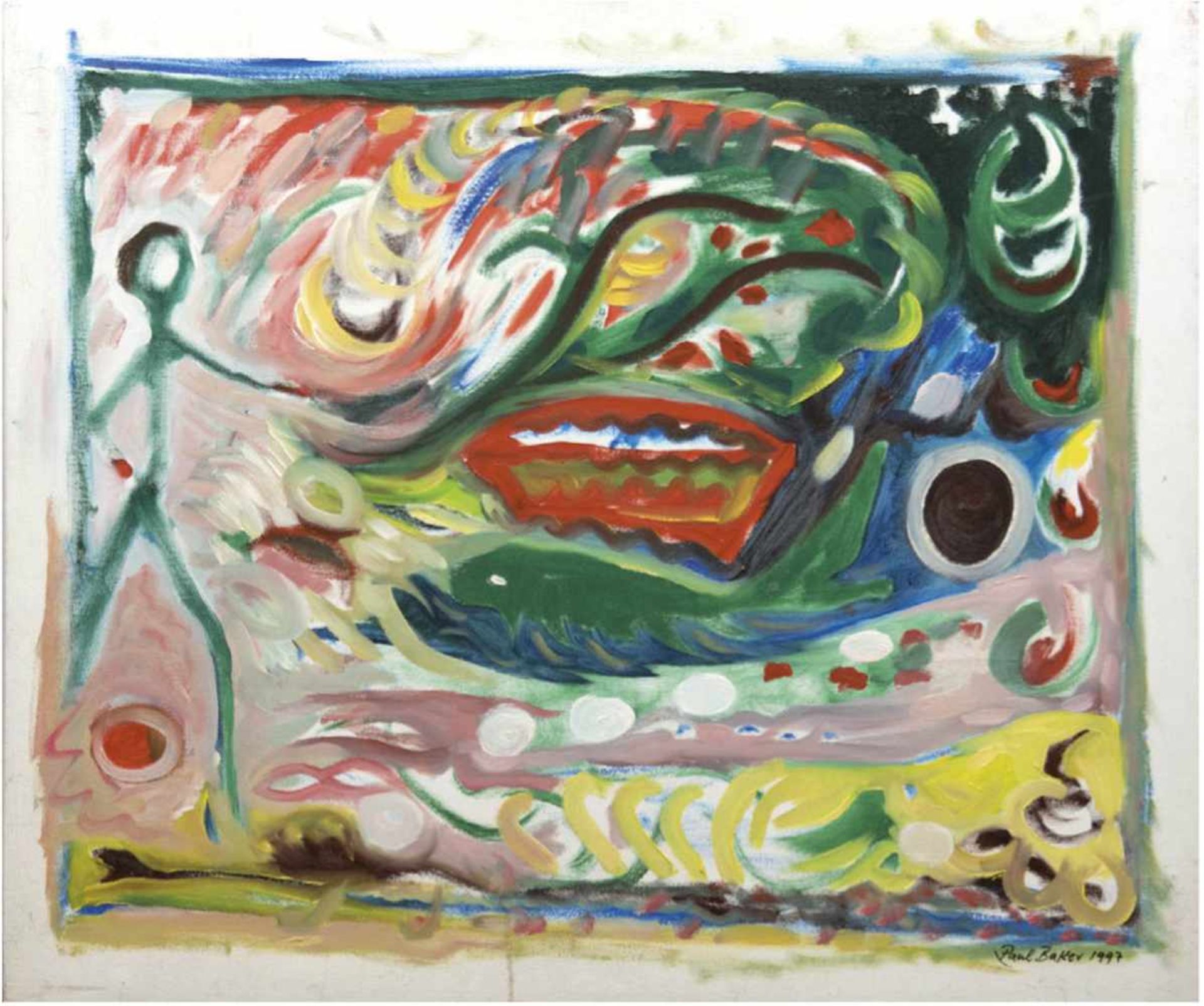 Baker, Paul "Expressive Szene mit Personenstaffage", Öl/Lw., sign. u. dat. 1997 u.r.,72x83 cm