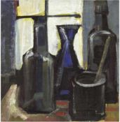 Maler (Hamburg 50er Jahre) "Stilleben mit Flaschen und Glas vor Fenster", Öl/Lw.,unsigniert, 37x34