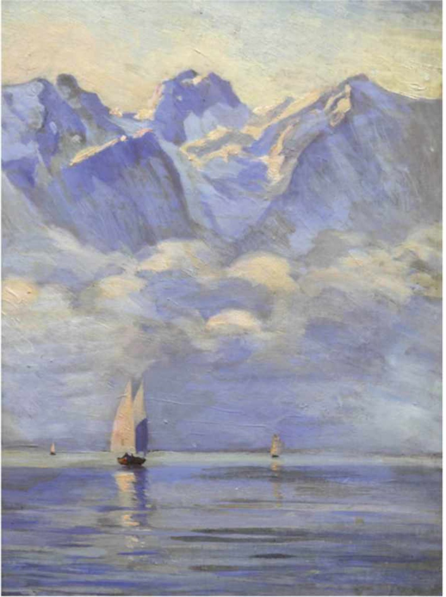 Maler um 1930 "Bergsee mit Segelbooten", Öl/MP., unsigniert, 43x30 cm, Rahmen