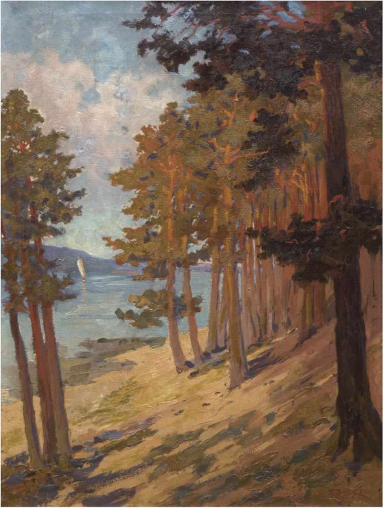 Rogge, Emmy (1866 Schweewarden i. O. (heute Nordenham)-1959 Worpswede) "Wald am Seeufer",Öl/Lw.,