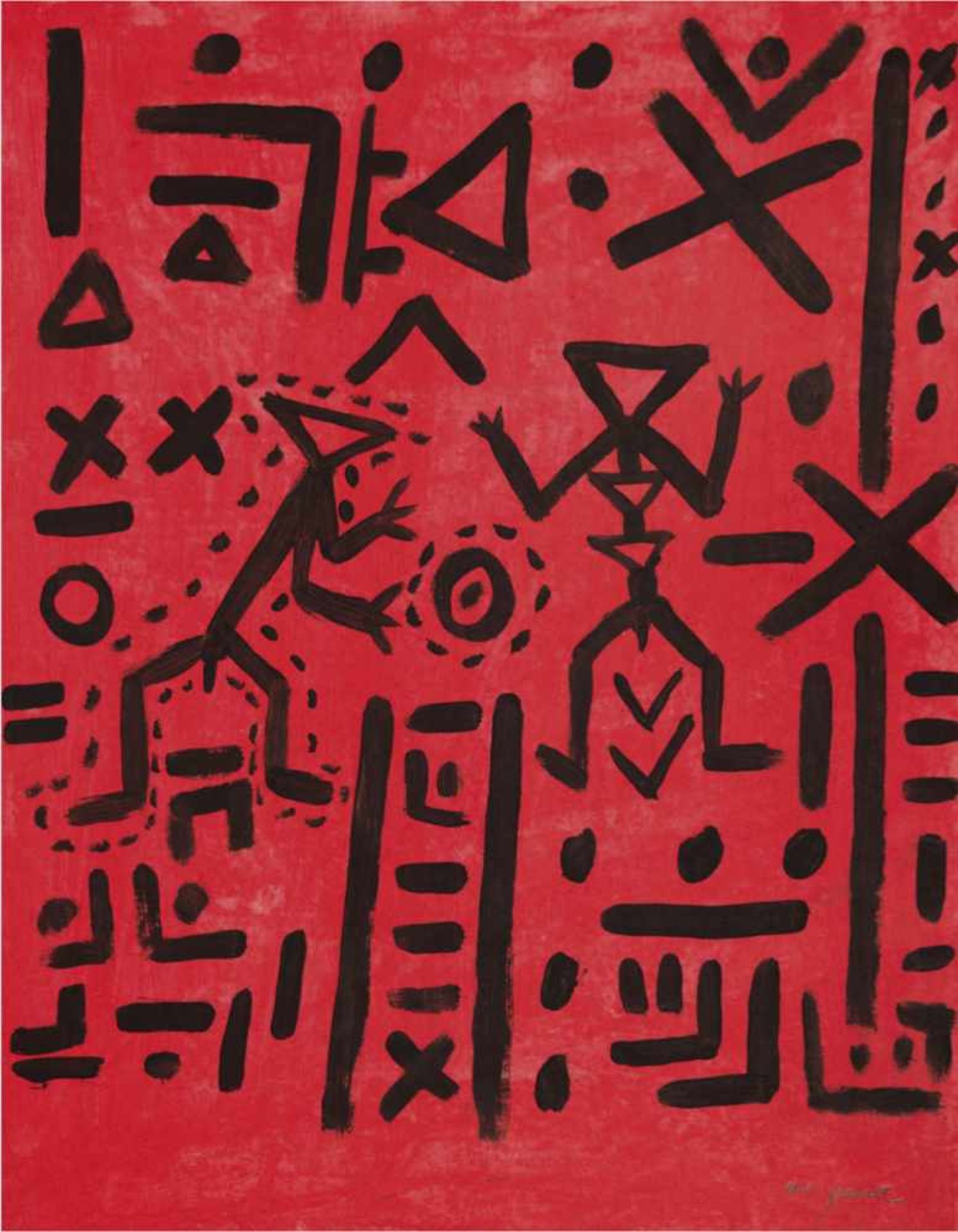 Penck, A.R. (1939 Dresden-2017 Zürich) alias Ralf Winkler "Geometrische Figuren auf Rot",Gouache,