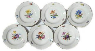 6 Meissen-Kuchenteller, 4x Bunte Blume 2, 2x Buntes Blumenbukett, mit Goldrand, 2. Wahl,Dm. 20 cm