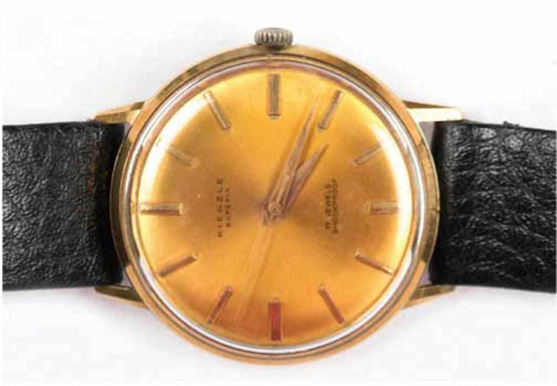 Armbanduhr "Kienzle Superia", 60 Jahre, 585er GG, goldfarbenes Zifferblatt mitstabförmiger