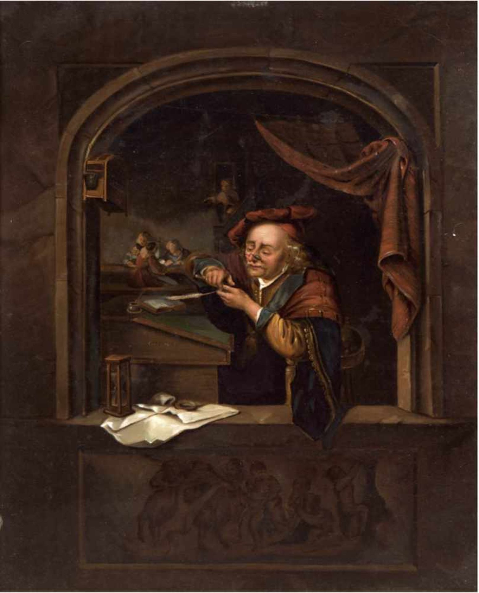 Genre-Maler des 19. Jh. "In der Schreibstube", Öl/Blech, unsigniert, 44x34 cm, Prunkrahmen
