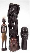 4 Holzfiguren, Afrika, geschnitzt, dabei Lebensbaum, Kopf, Maske und Frauenfigur