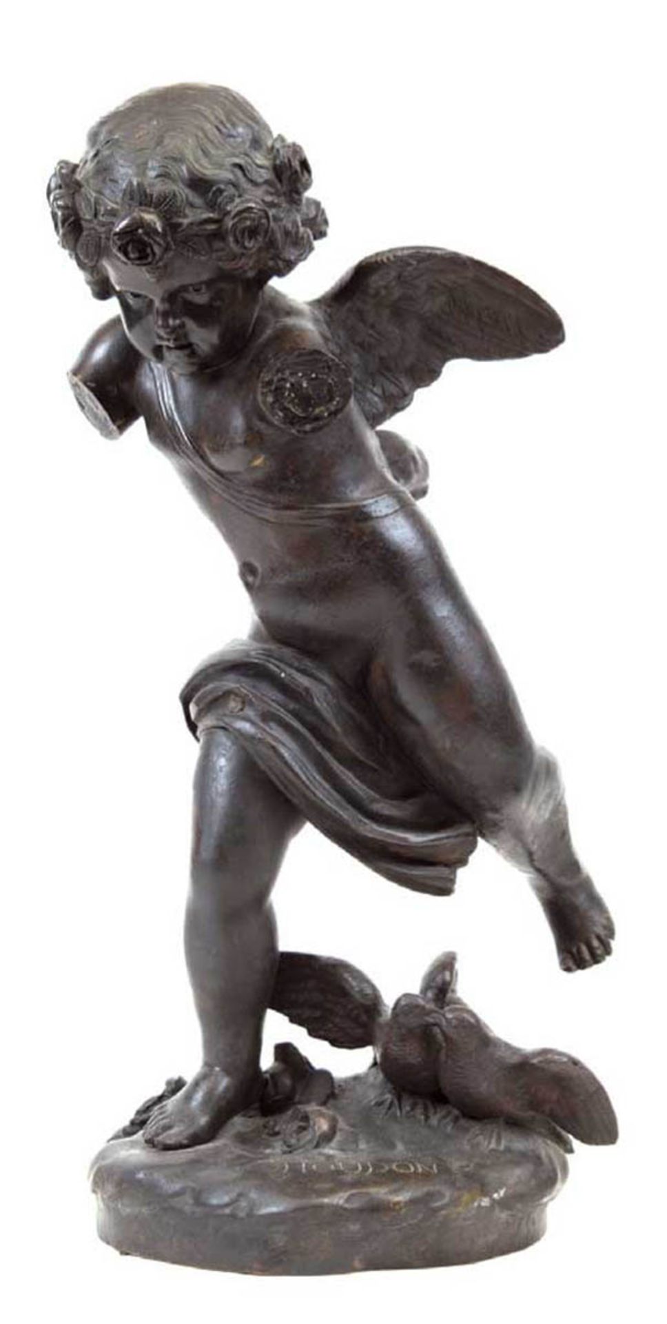 Bronze "Cupido", nach Jean Antoine Houdon (1741-1828), braun patiniert, sign. Houdon, 1Flügel und