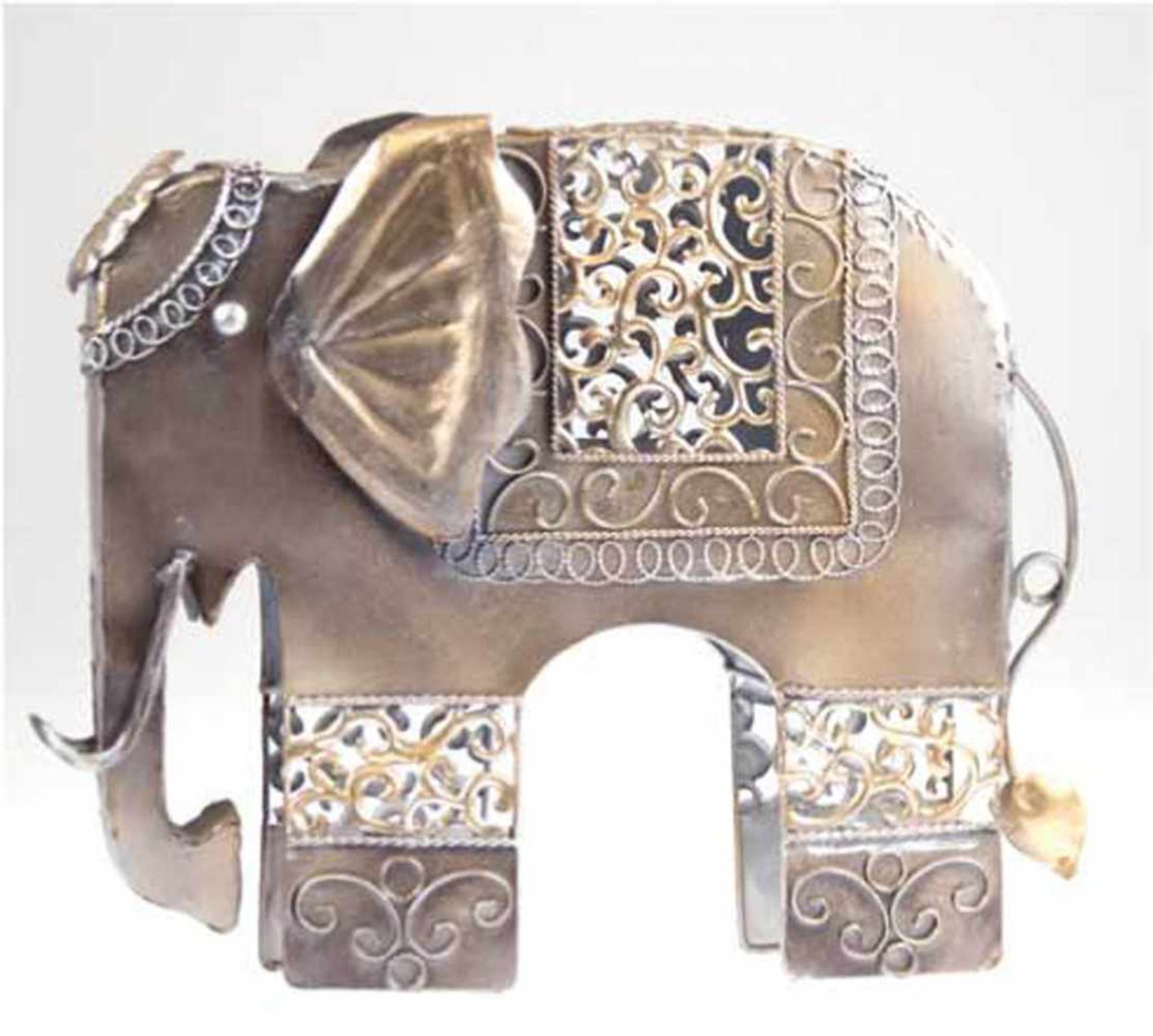 "Elefant", 20. Jh., Metall, mit gold u. silber farblich gestaltet, H. 34 cm, L. 42 cm