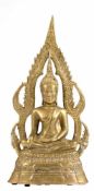 Buddha-Figur "Buddha auf Lotussitz mit Aureole sitzend", Metallguß, Indien 20. Jh., H. 32cm