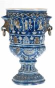 Pokal, Westerwald, graue Salzglasur, reicher figuraler und floraler Reliefdekor auf blauemGrund,