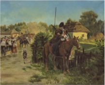 Russischer Maler "Kosaken reiten ins Dorf", Öl/Lw., 56x68,5 cm, Rahmen