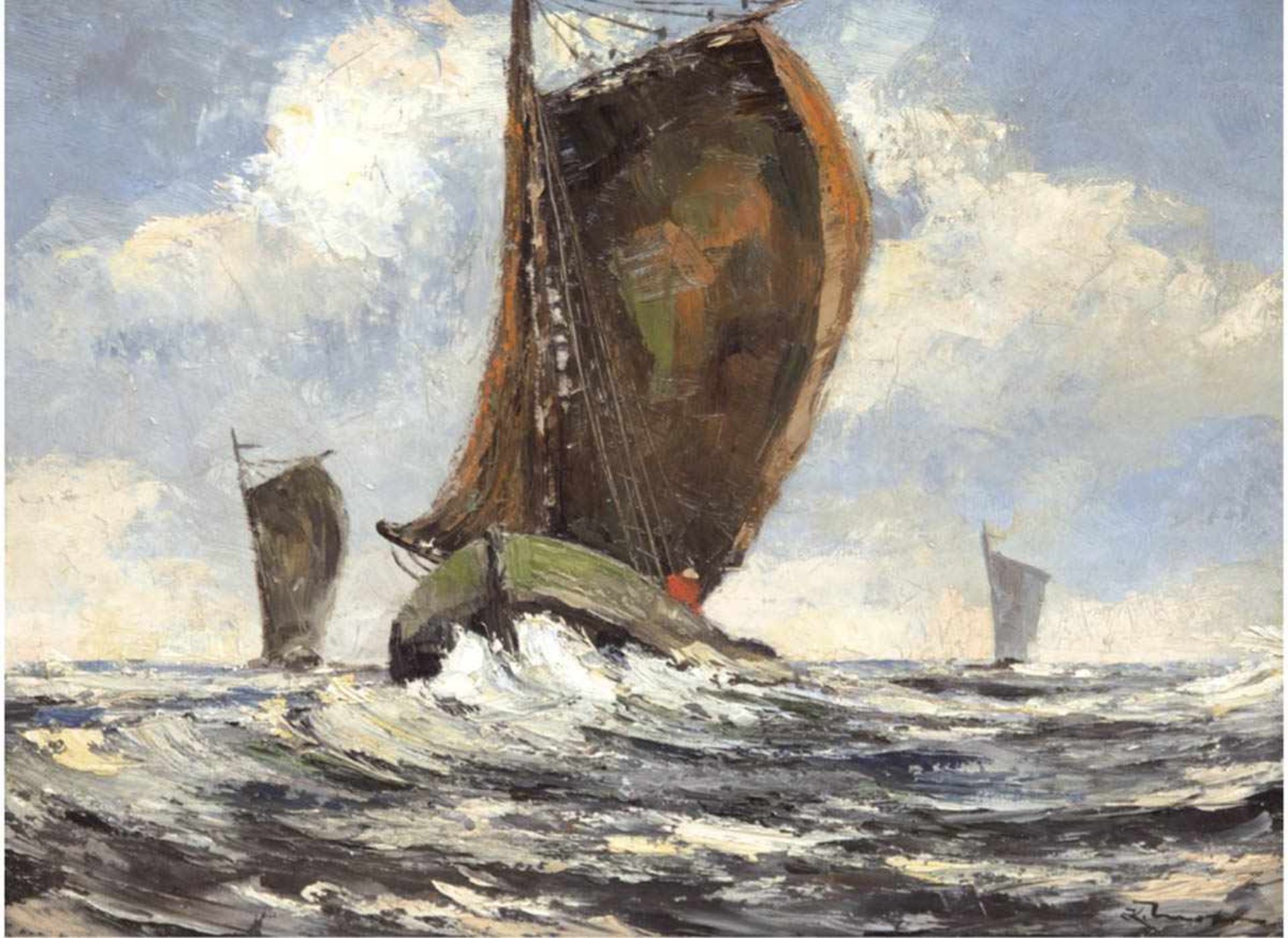 Marinemaler um 1900 "Fischerboote auf See", ÖlSH, undeutlich sign. u.r., 40x50 cm, Rahmen