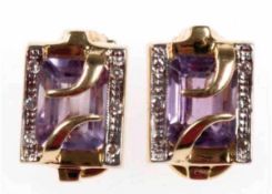 Paar Ohrclips, 585er GG, besetzt mit Amethyst und kleinen Diamanten, 1,5x1,1 cm