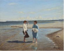 Linde, P. (20. Jh.) "Begegnung zweier Frauen am Strand", Öl/Lw., sign. u.r. u. dat. '85,38x45,5