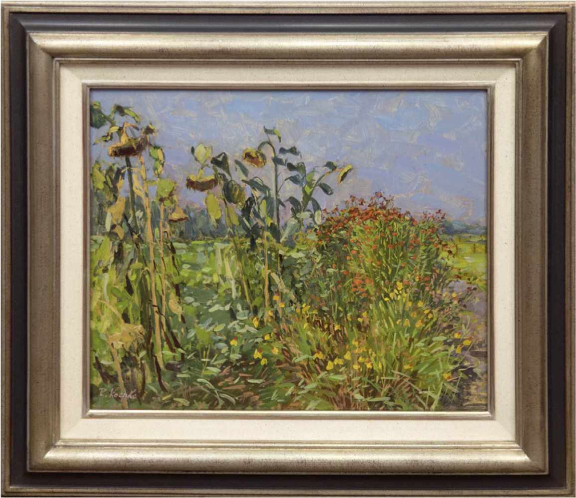 Koepke, Robert (1893 Bremen-1968 St. Jürgen/ Worpswede) "Blühender Garten mitSonnenblumen", Öl/