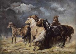 Menzel, J. (Österreichische Tiermalerin 20. Jh.) "Pferde bei aufziehendem Unwetter",Öl/Lw., sign.