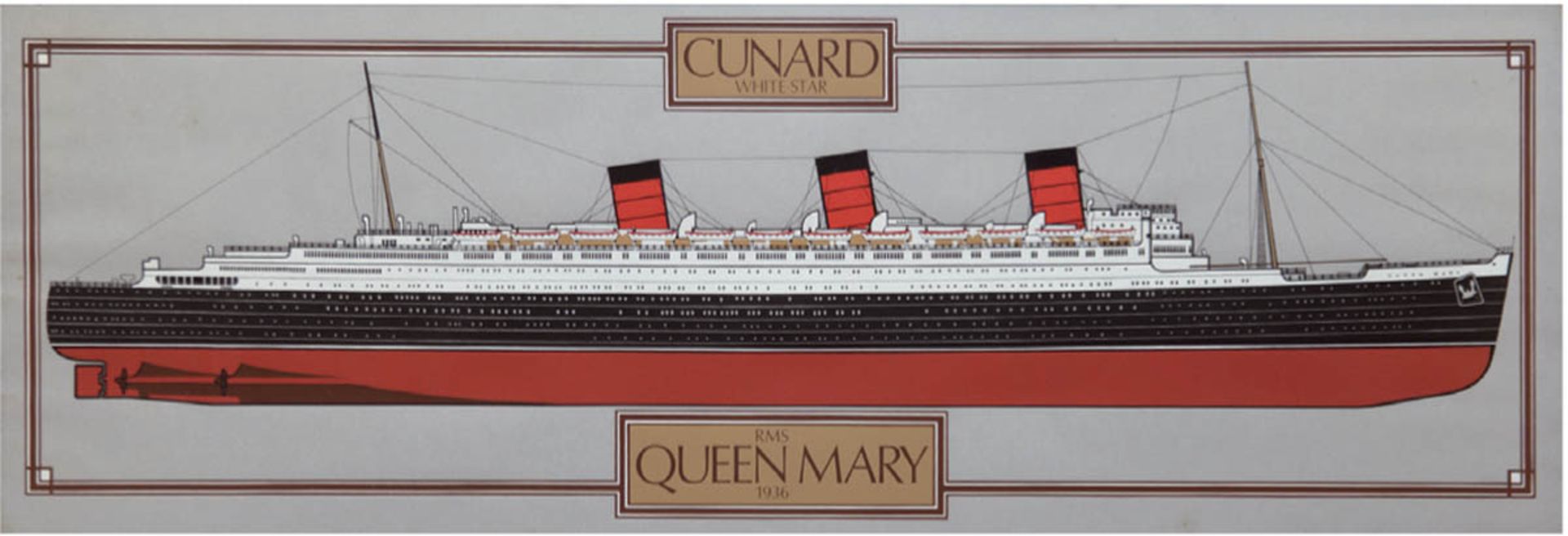"RMS Queen Mary 1936", Plakat der Cunard White Star Line, 34x100 cm, hinter Glas im Rahmen