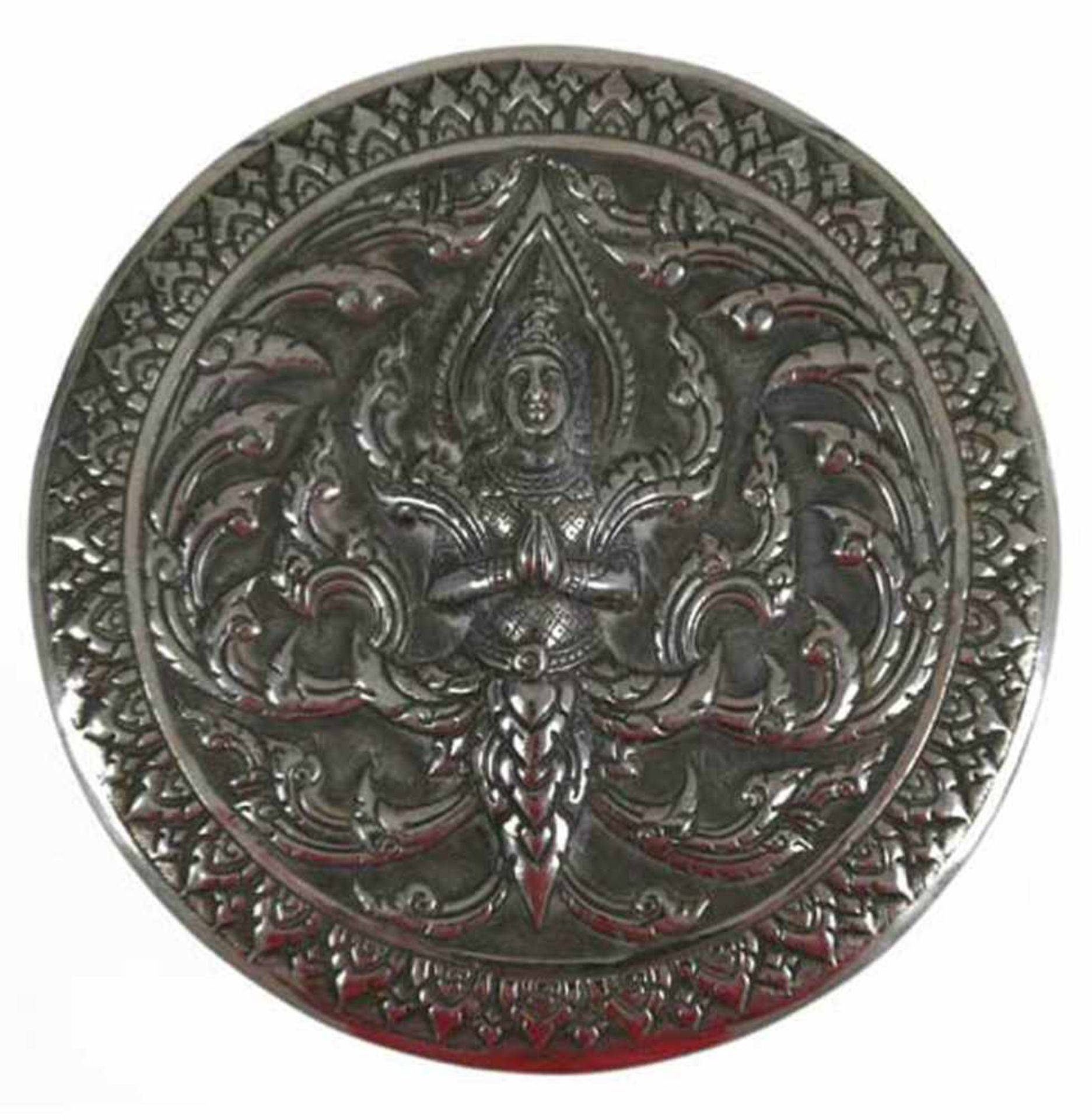 Deckeldose, 925 Silber, Thai Nokon, punziert, reliefierter Deckel mit Innenspiegel, H. 4cm, Dm. 11,5
