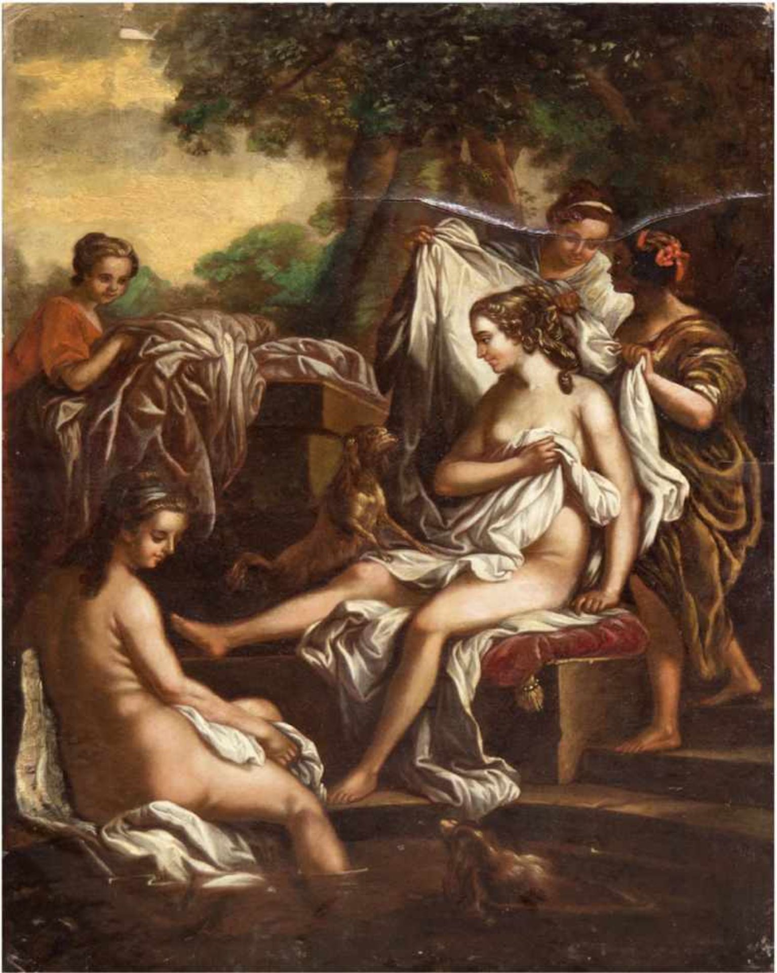 Maler des 19. Jh. "Diana im Bade", Öl/Mp.,unsign., 47x35,5 cm, stark besch.