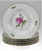 6 Meissen-Suppenteller, Rote Rose mit Goldrand, Neuer Ausschnitt, 2. Wahl, Dm. 23 cm