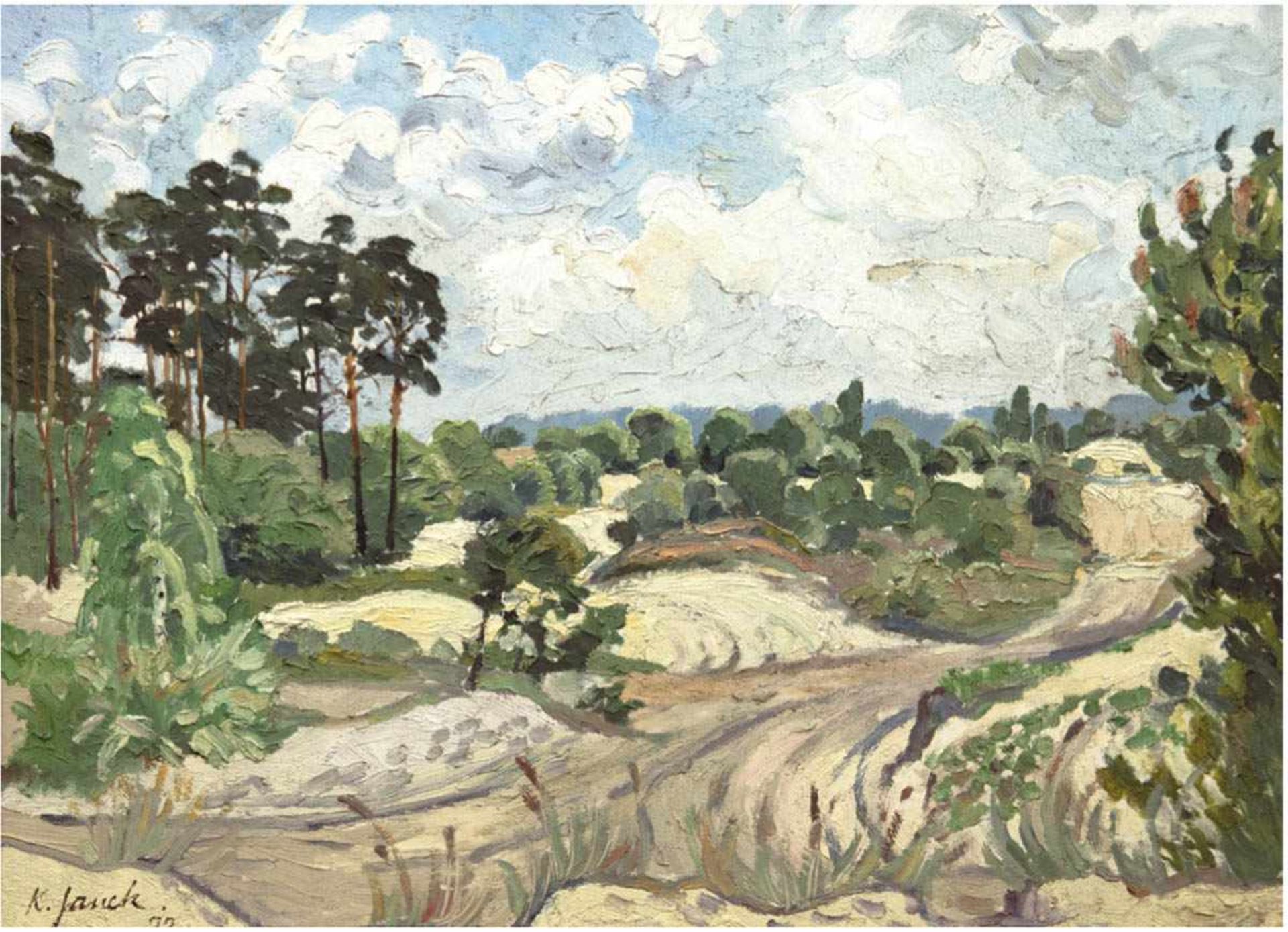 Jauch, K. (20. Jh.) "Feldlandschaft mit Bäumen", Öl/Mp., sign. u.l., 60x80 cm, Rahmen