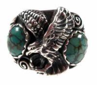 Indianerschmuck-Ring, 925er Silber, mit reliefiertem Adler und 2 grünen Türkis-Cabochons,RG 63