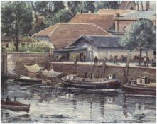 Maler um 1900 "Hafen von Stade", Öl/Lw., unsign., 77x97 cm, zu reinigen, Rahmen