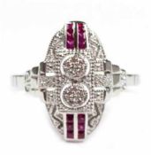 Ring im Art Deco Stil, 925er Silber rhodiniert, echte Rubine und Brillanten inhervorragender