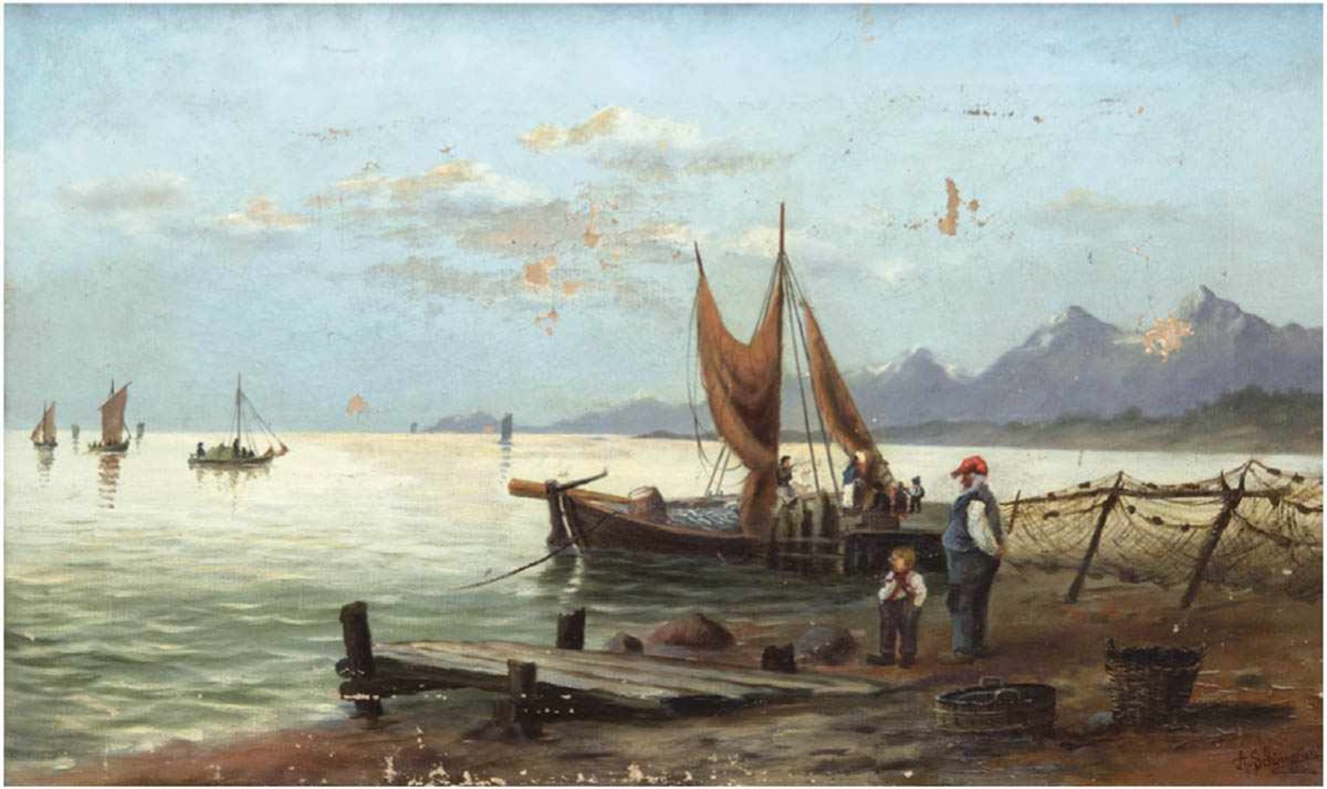 Schöngrün, Alexis Carl Gottfried (1854 Wolgast-1942 Wolgast) "Fischerboot am Strand",Öl/Lw., sign.