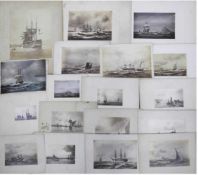 Konvolut von 18 alten Reproduktionen und Fotos von maritimen Gemälden u.a von AntonMelbye, div.