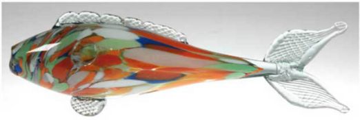Murano-Fisch, farbloses Glas mit grünen, orangen, blauen und weißen Einschmelzungen, L. 42cm
