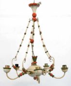 Deckenlampe, Design Bruno Paul, Holz, farbig gefaßt, 5-flammig, H. ca. 75 cm, Dm. ca. 62cm