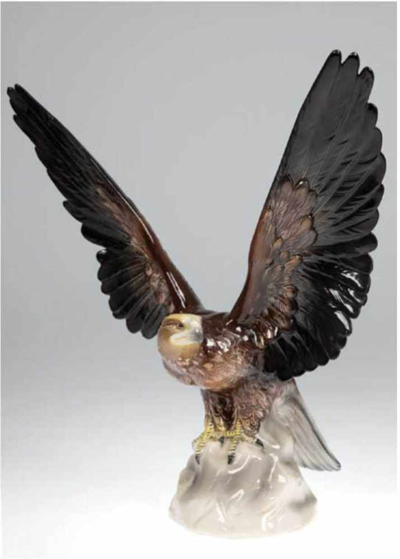 Porzellanfigur "Adler mit ausgebreiten Flügeln", gemarkt, Hertwig Katzhütte, polychrombemalt, H.