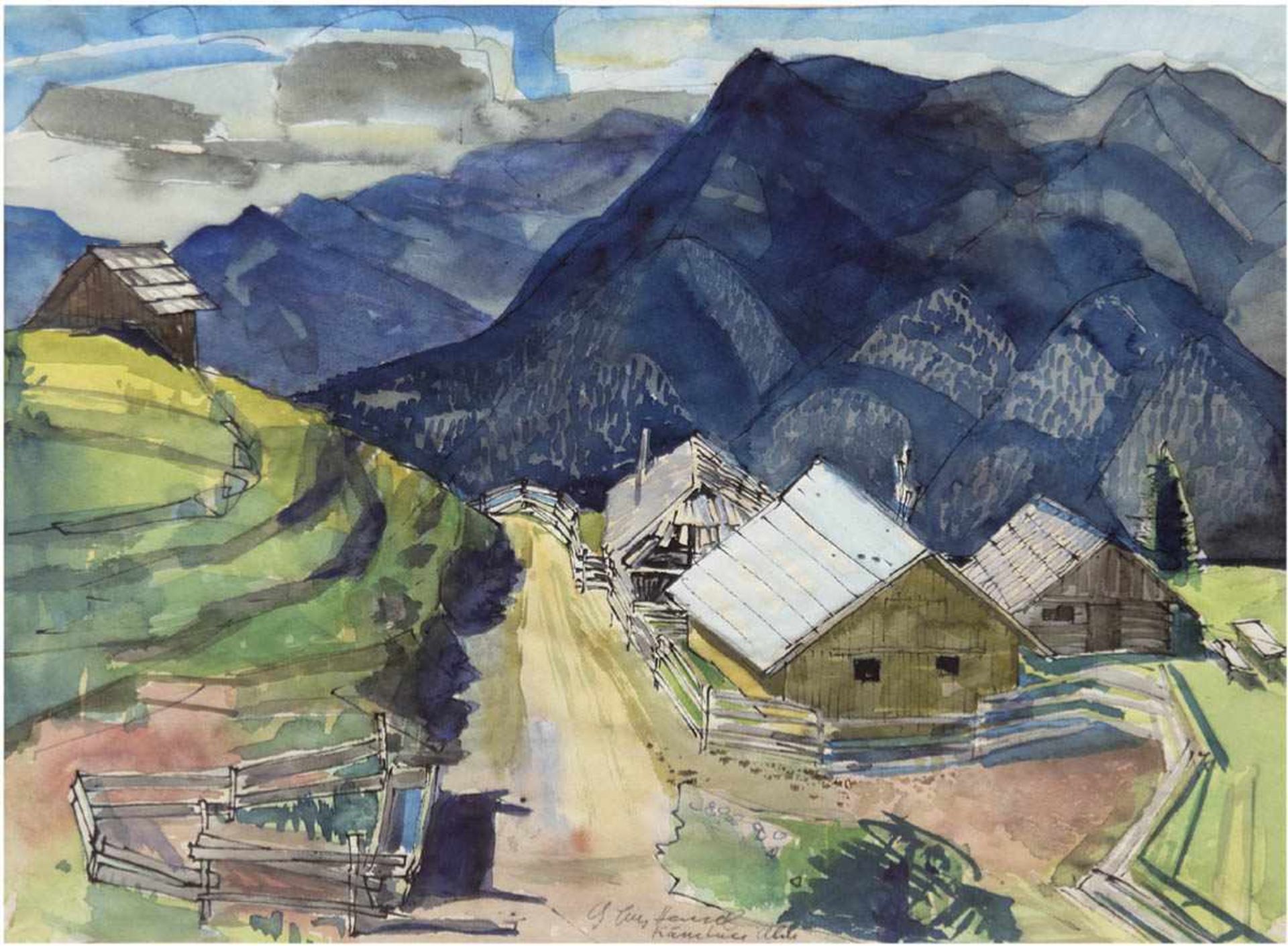 Hensel, Gerhard Fritz (1910 Neukirch/Lausitz- 1986 Flensburg) "Kärntner Alm",Aquarell/Feder,