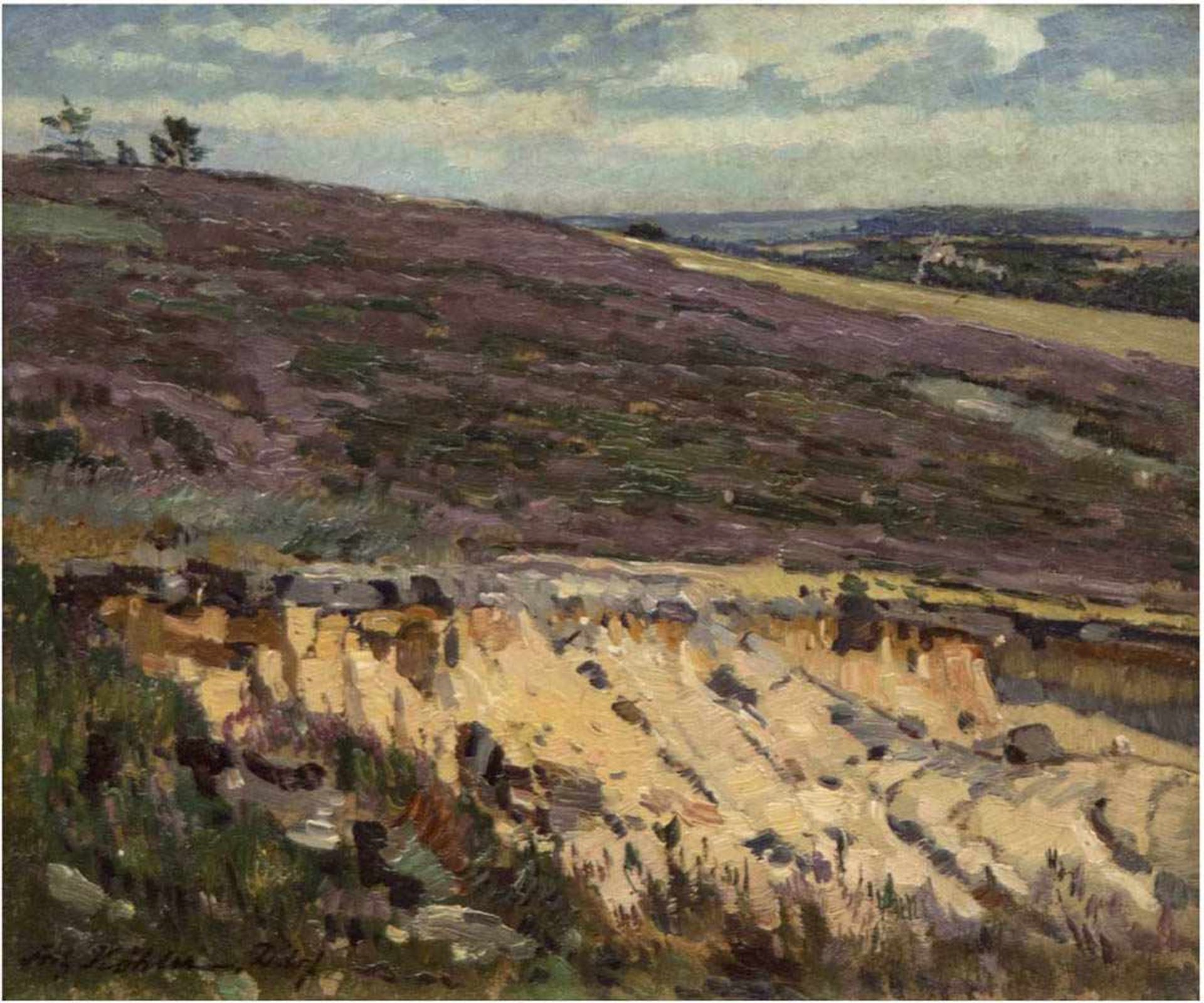 Köhler, Fritz (1887-1971) "Hügelige Landschaft", Öl/MP., signiert mit Ortsang."Düsseldorf" u.l.,