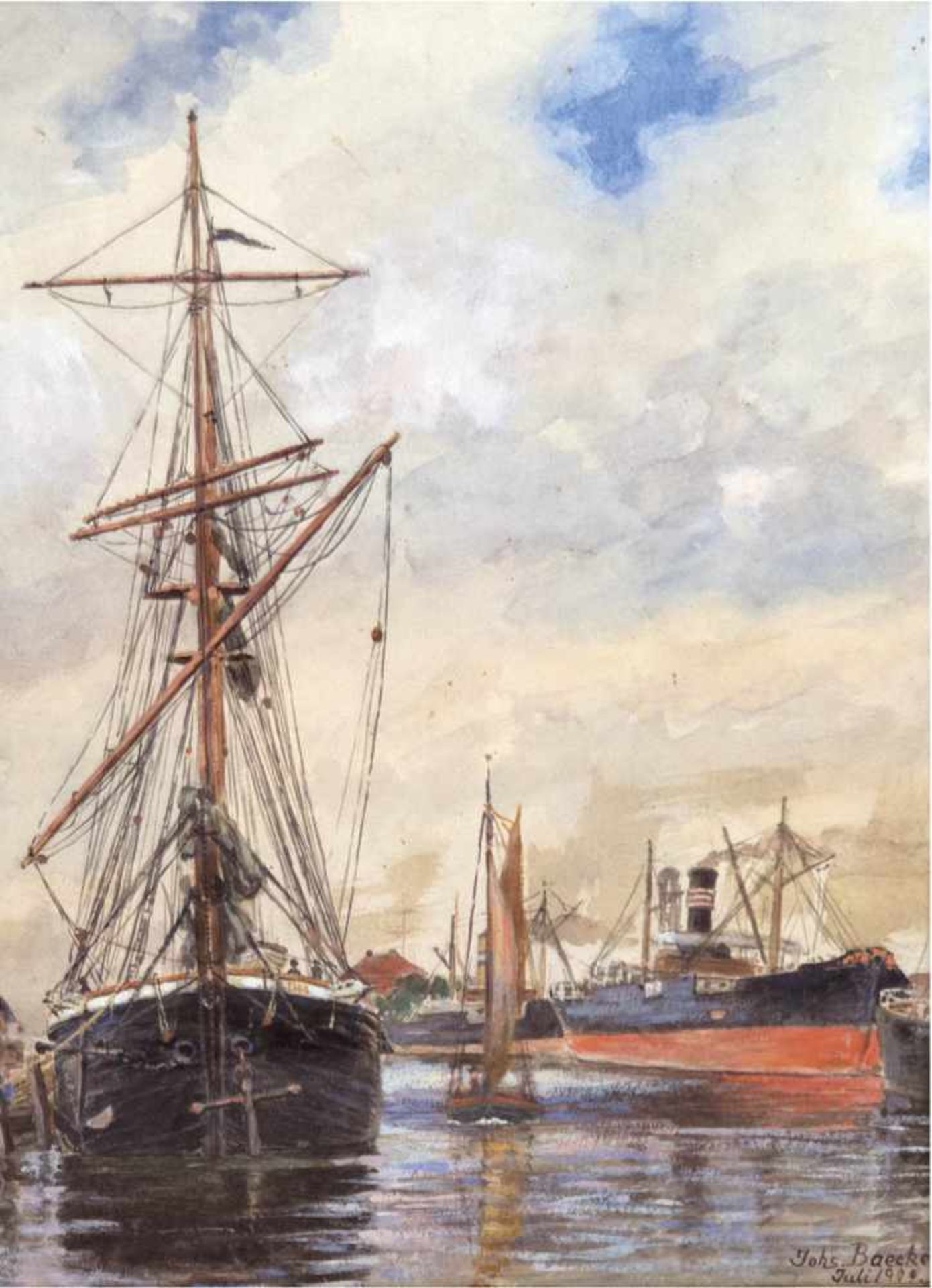 Baecker, Johs (Johannes) (19./20. Jh.) "Schiffe im Hafen", Aquarell, sign. u.r. u. dat."Juli