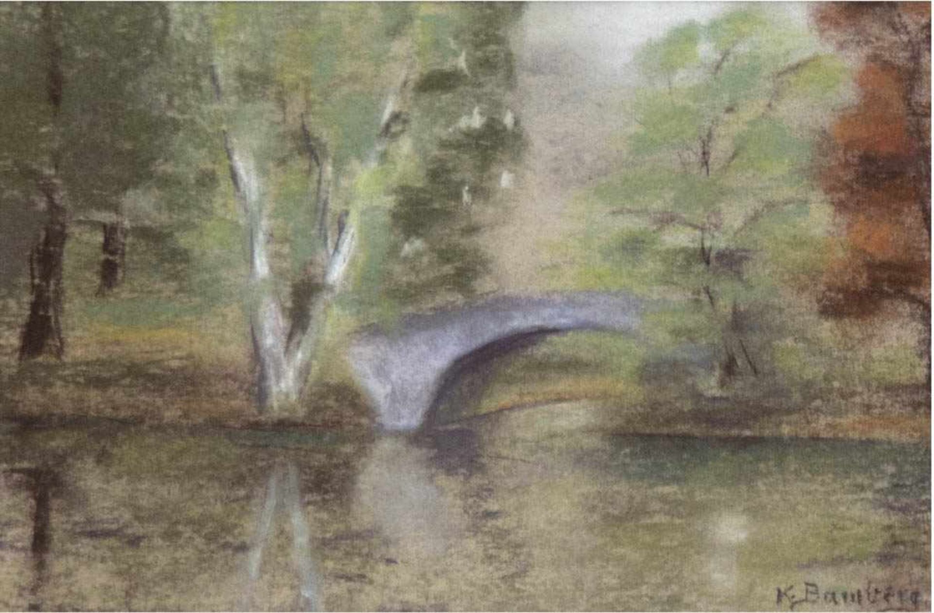 Bamberg, Katharina (1873 Stralsund-1966 ebenda) "Flußlandschaft mit Brücke", Pastell,signiert u.